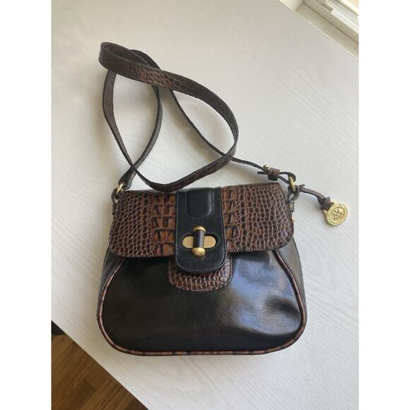 Brahmin Brown Black Croc Embossed Leather Satchel Crossbody Purse Gold Turn Lock